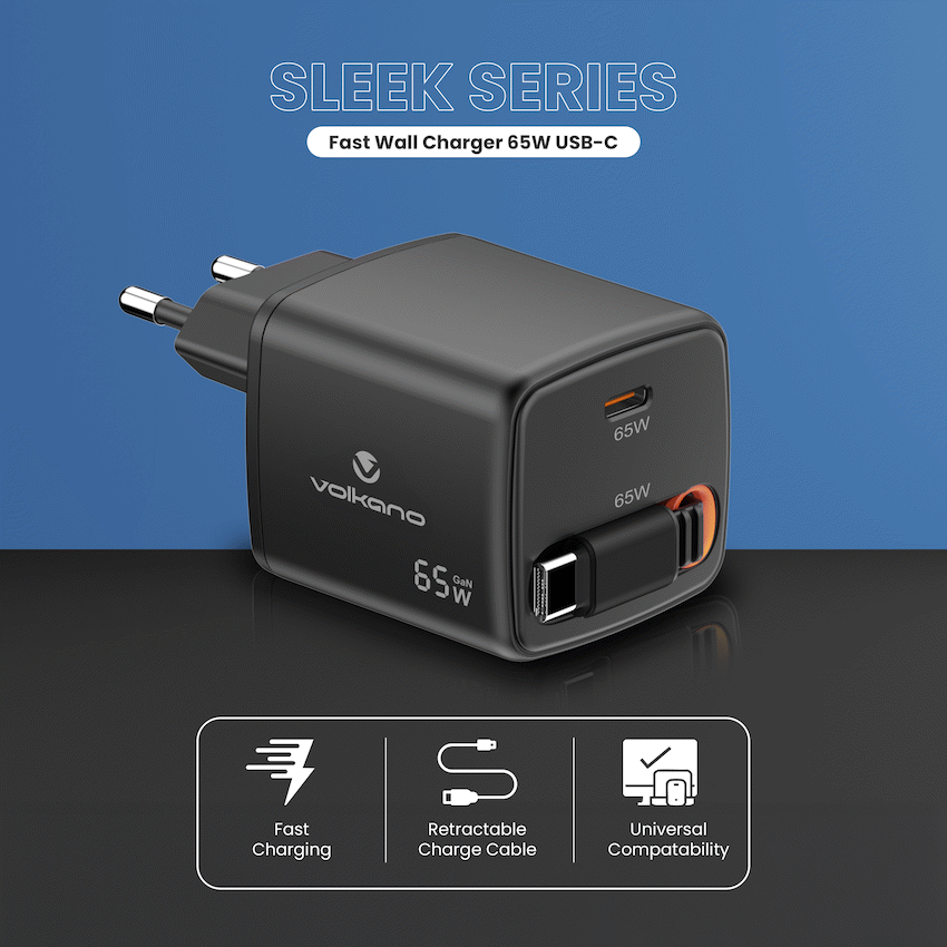 Volkano Sleek Series Fast Wall Charger 65W USB-C with Built-in Retractable 75cm Cable - Black