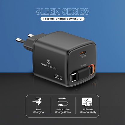 Volkano Sleek Series Fast Wall Charger 65W USB-C with Built-in Retractable 75cm Cable - Black