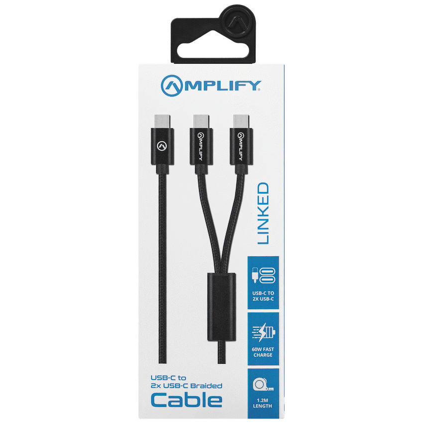 Amplify Linked Series USB-C to 2x USB-C Braided Cable 1.2m - Black