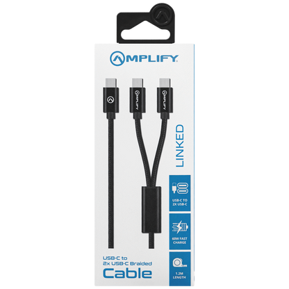 Amplify Linked Series USB-C to 2x USB-C Braided Cable 1.2m - Black