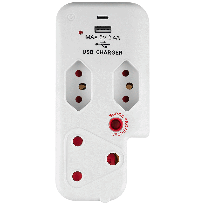 Switched 3-Way Medium Surge Adaptor with Type-C + USB - White