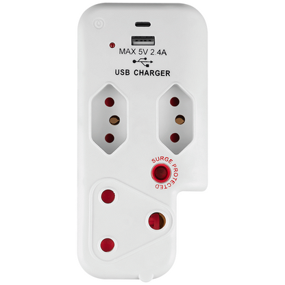 Switched 3-Way Medium Surge Adaptor with Type-C + USB - White
