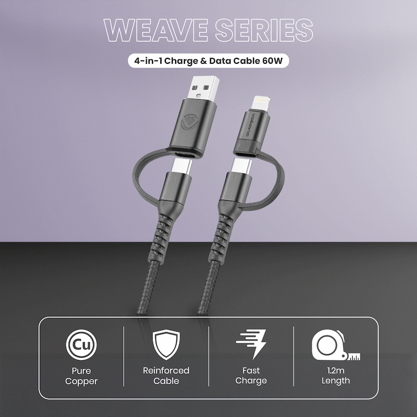 Volkano Weave Series 4-in-1 Charge & Data Cable 60w - 1.2m/4ft