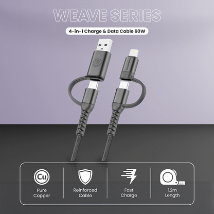 Volkano Weave Series 4-in-1 Charge & Data Cable 60w - 1.2m/4ft