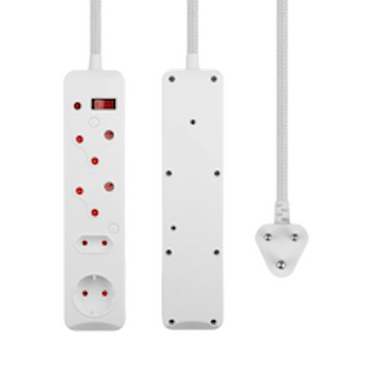 SWITCHED 4 Way Medium Surge Protected Multiplug 0.5M Braided Cord White