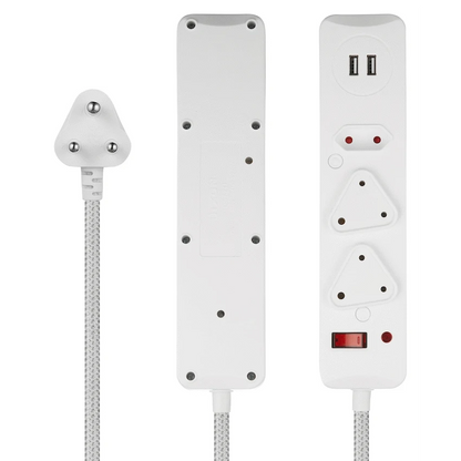SWITCHED 3 Way Medium Surge Protected Multiplug with Dual 2.4A USB Ports 0.5M Braided Cord White