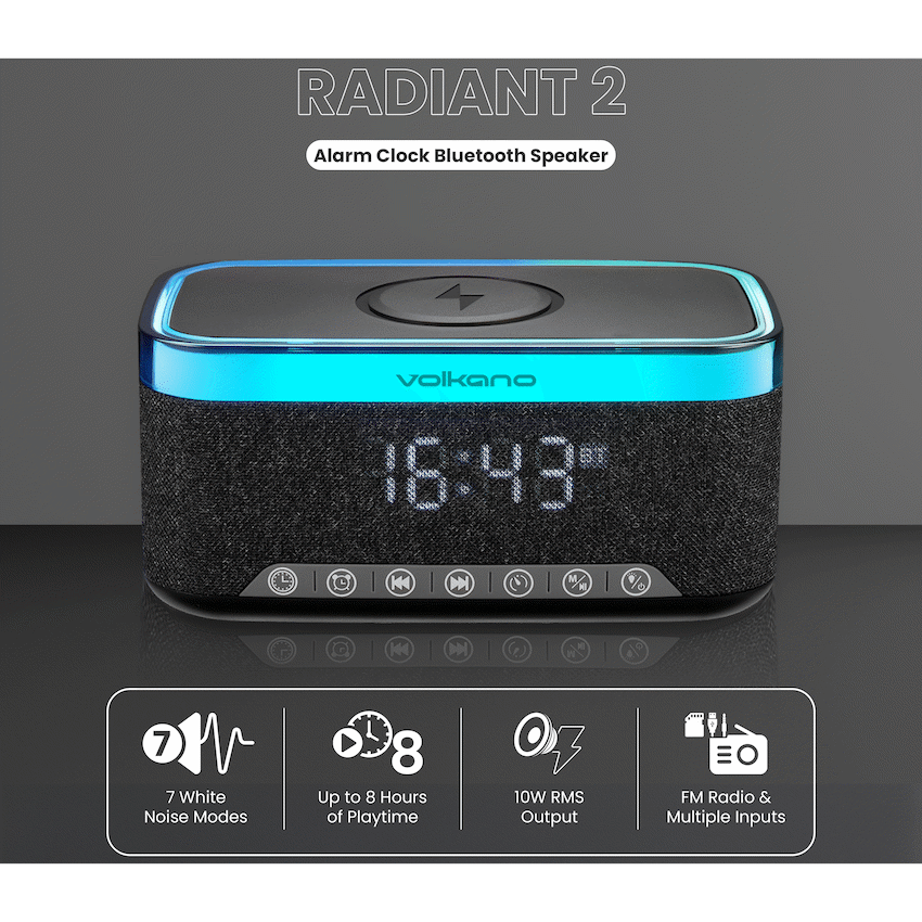 Volkano Radiant 2 Alarm Clock with Wireless Charging and Speaker - Black