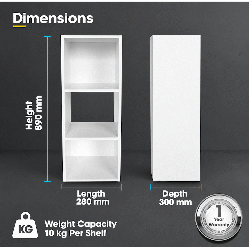 Everfurn Grayscale 3 Tier Bookshelf White, High Pressure Laminate