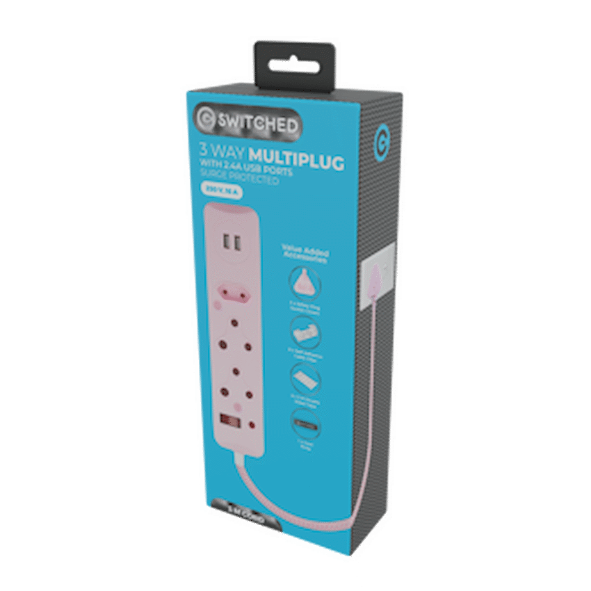 Switched 3-Way Surge-Protected Multiplug with Dual 2.4a USB Ports 3m Braided Cord