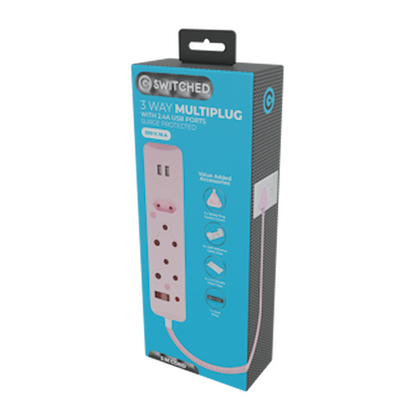 Switched 3-Way Surge-Protected Multiplug with Dual 2.4a USB Ports 3m Braided Cord
