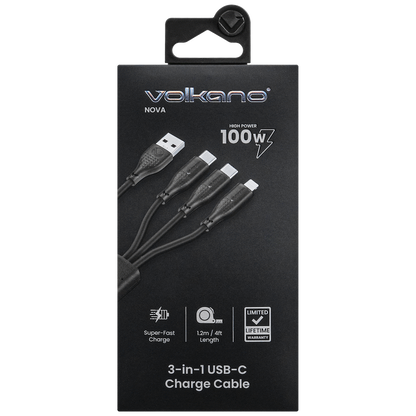 Volkano Nova Series USB-A to 2 USB-C and Lightning Cable 100W 1.2m TPE - Black
