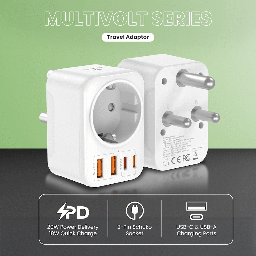 Volkano MultiVolt Series 2x USB-A + 2x USB-C adaptor SA Plug to multi travel socket 20Watt