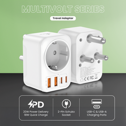 Volkano MultiVolt Series 2x USB-A + 2x USB-C adaptor SA Plug to multi travel socket 20Watt