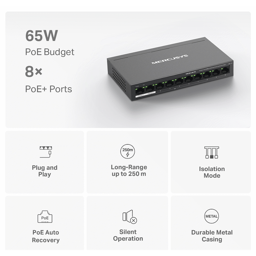 TP-Link Mercusys MS110P 10-Port 10/100Mbps Desktop Switch with 8-Port PoE+