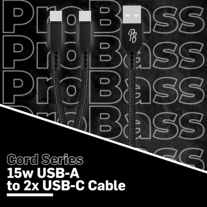 Pro Bass Cord Series 1.2m 15w USB-A to 2x USB-C Braided - Black