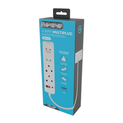 Switched 4-Way Surge-Protected Multiplug 3m Braided Cord - White