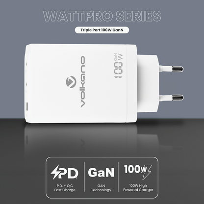 Volkano WattPro Series Triple Port 100W GaN Wall Charger - White