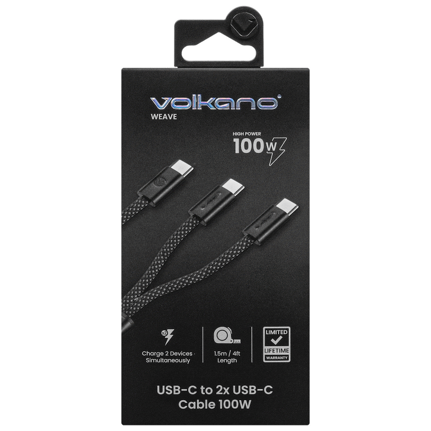Volkano Weave Series USB C to 2 USB C 100W 1.5m