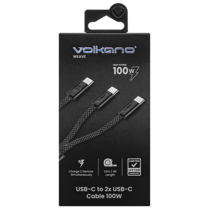 Volkano Weave Series USB C to 2 USB C 100W 1.5m