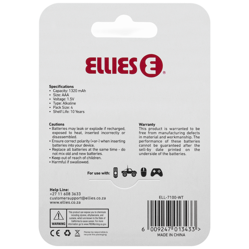 Ellies Ultra Series - Alkaline Batteries AAA 4 Pack -WT