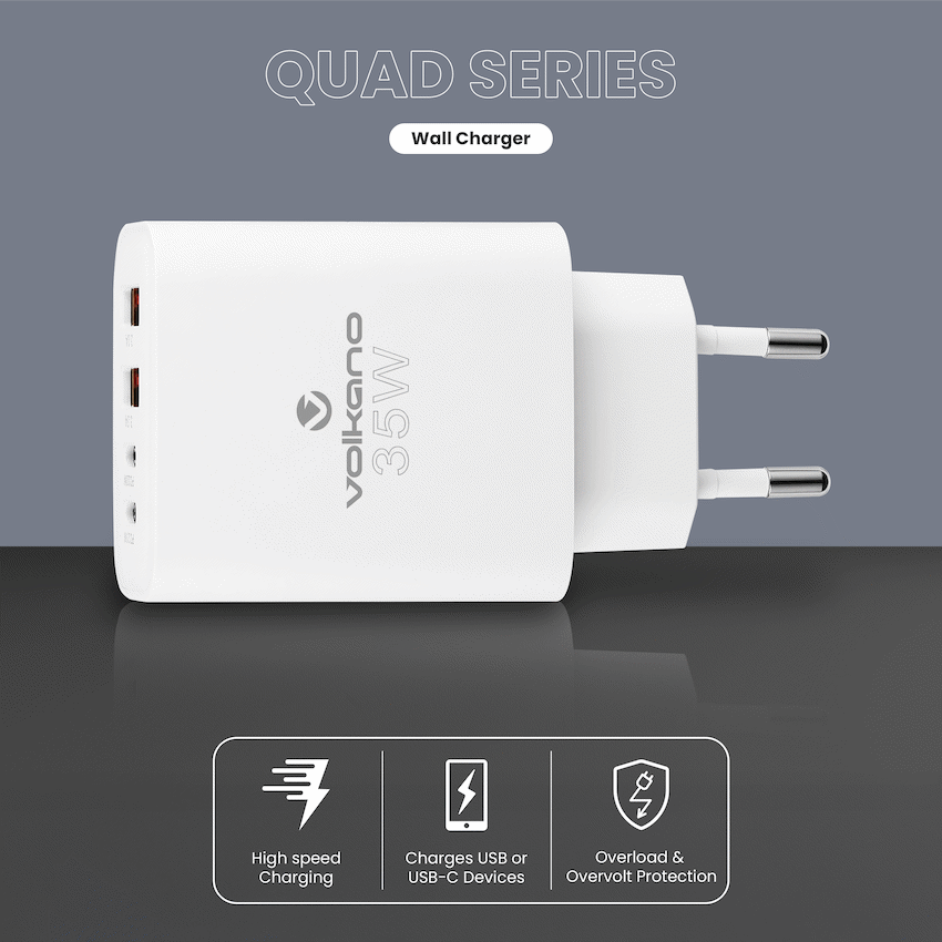 Volkano Quad Series 2x PD USB-C 2x USB-A 3a 35W Wall Charger