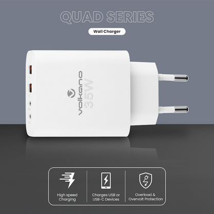 Volkano Quad Series 2x PD USB-C 2x USB-A 3a 35W Wall Charger