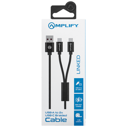 Amplify Linked Series USB to 2 x USB-C Braided Cable 60W 1.2m - Black