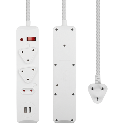 Switched 3-Way Surge-Protected Multiplug with Dual 2.4a USB Ports 3m Braided Cord - White