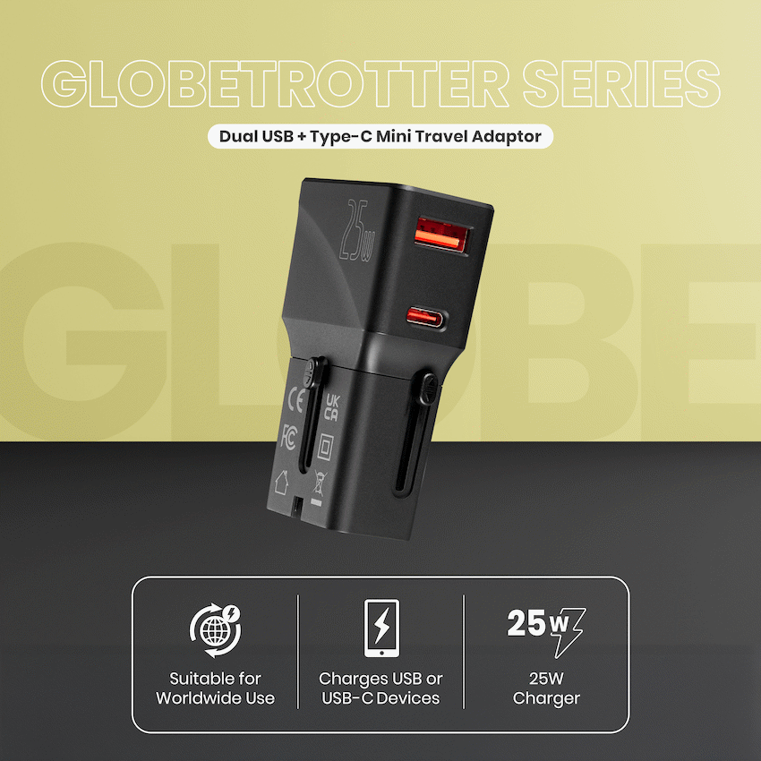 Volkano Globetrotter Series 25w Dual USB + Type-C Mini Travel Adaptor