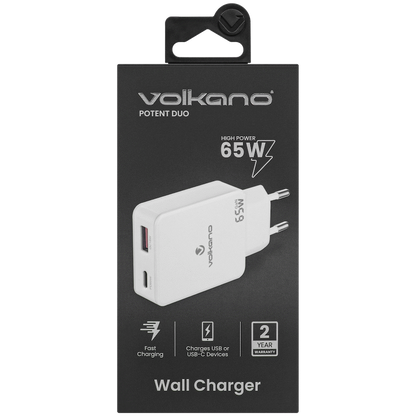 Volkano Potent Duo series 65W Dual USB and USB-C PD Compact Wall Charger