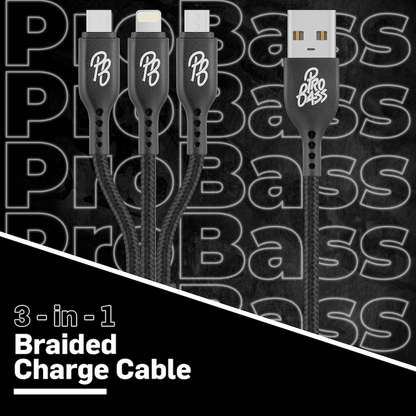 Pro Bass Braided 3-in-1 Charge Cable 1m - Black