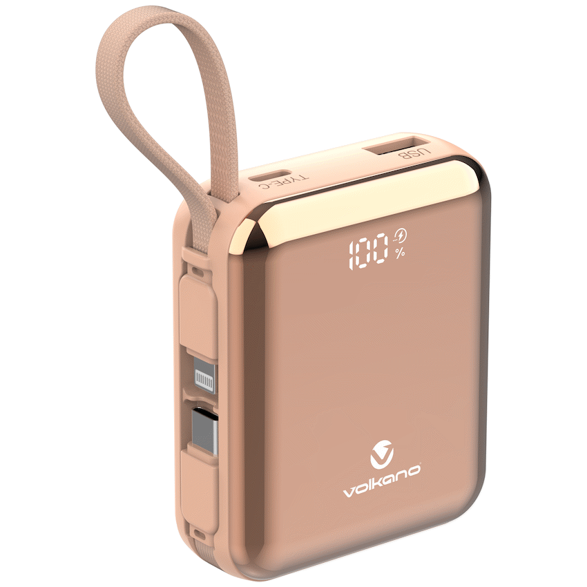 Volkano Solace Series 10 000 mAh Power Bank with Built-in USB-C & Lightning Cable - Pink & Rose Gold