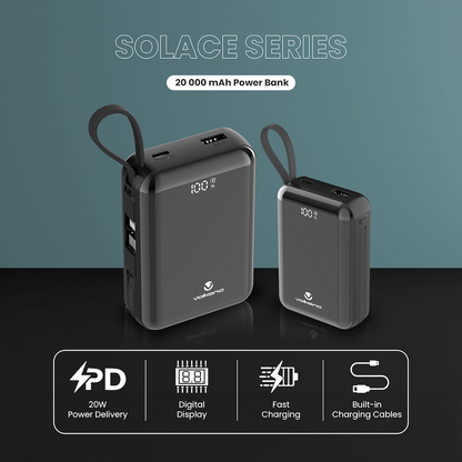 Volkano Solace Series 20 000 mAh Power Bank with Built-in USB-C & Lightning Cable - Black