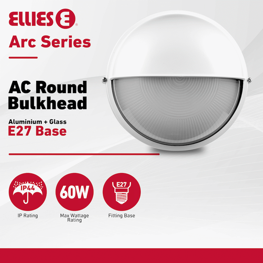 Ellies Arc Series - AC Round Bulkhead - Aluminium + Glass - E27 Base -WT