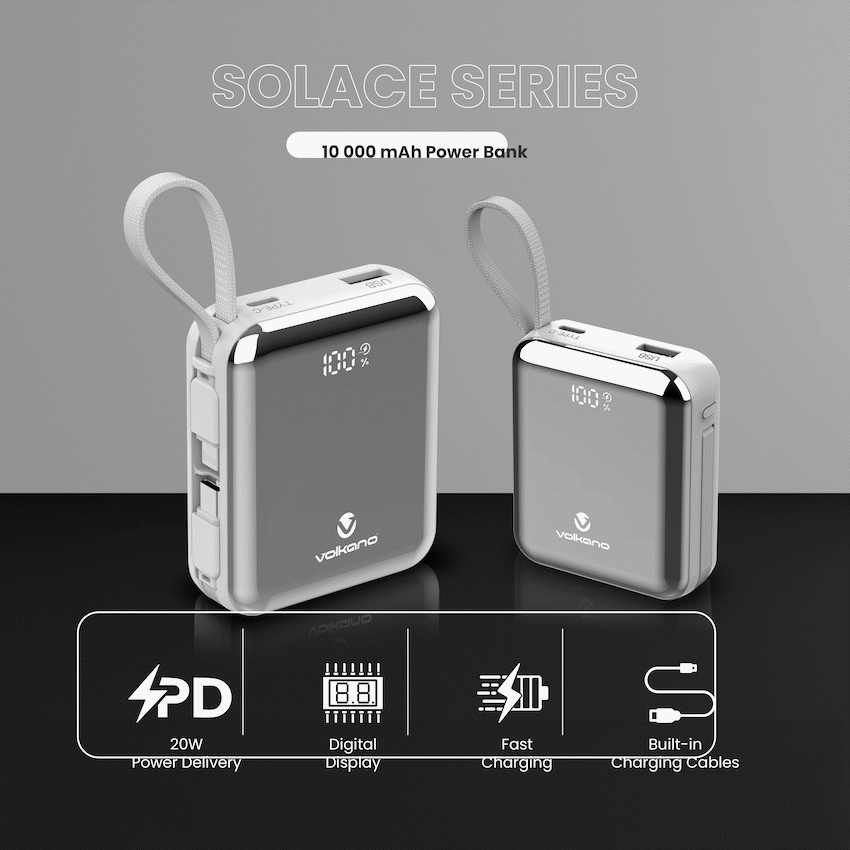 Volkano Solace Series 10 000 mAh Power Bank with Built-in USB-C & Lightning Cable - White & Silver