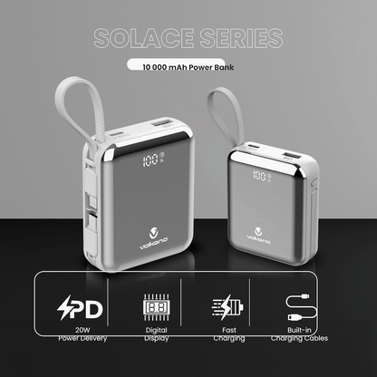 Volkano Solace Series 10 000 mAh Power Bank with Built-in USB-C & Lightning Cable - White & Silver