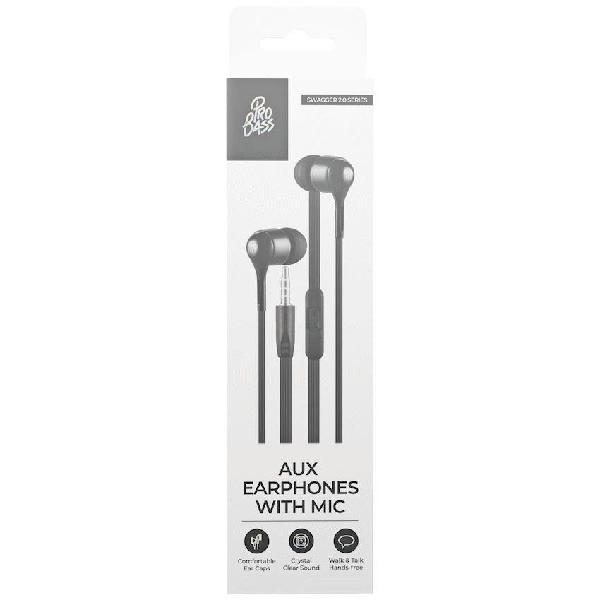 Pro Bass Swagger 2.0 Series - Boxed Auxiliary Earphone with Mic - Black