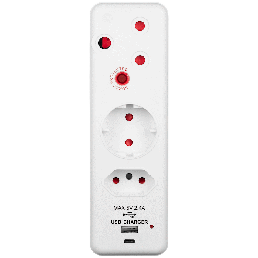 Switched 3-Way Medium Surge Adaptor - Schuko with Type-C + USB