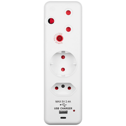 Switched 3-Way Medium Surge Adaptor - Schuko with Type-C + USB