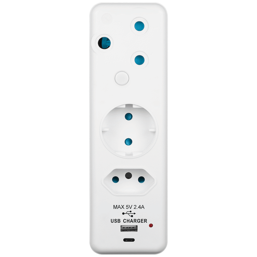 Ellies 3-Way Schuko Adaptor with Type-C + USB - White
