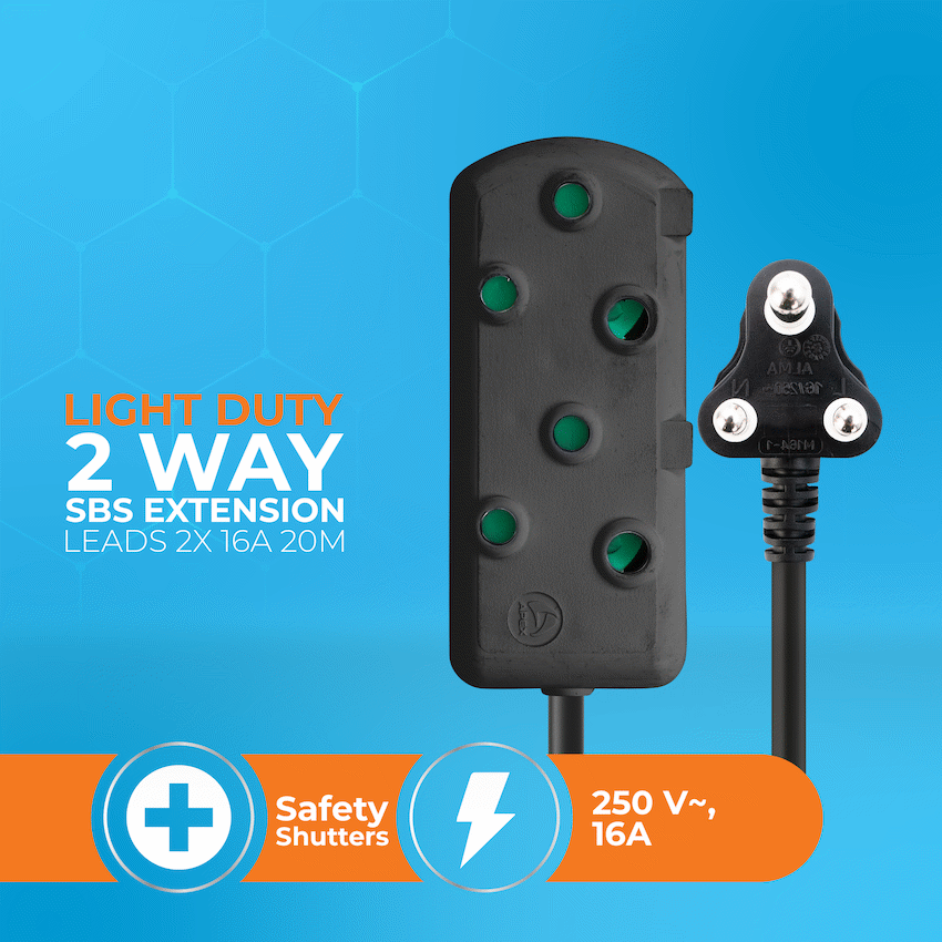 Switched Light Duty Side by Side (SBS) Extension Leads 20M - BK