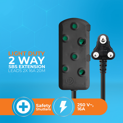 Switched Light Duty Side by Side (SBS) Extension Leads 20M - BK
