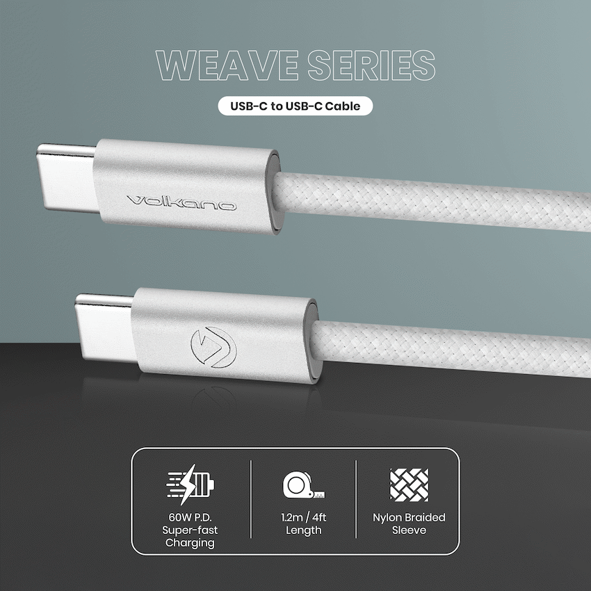 Volkano Weave Series 60w USB C to USB C 1.2m-White