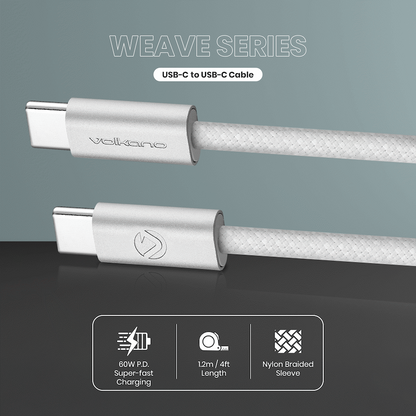 Volkano Weave Series 60w USB C to USB C 1.2m-White