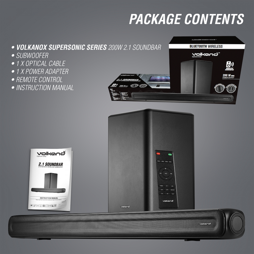 VolkanoX Supersonic Series 2.1 200w Soundbar System with Wireless Subwoofer - Black