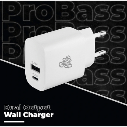 Pro Bass Rapidcharge Series 20w+18w Dual USB and Type-C Wall Charger - White