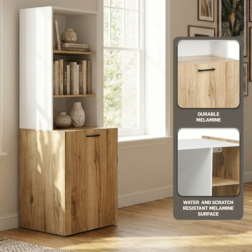Everfurn Adaptive Desk with Bookshelf - White and Light Oak