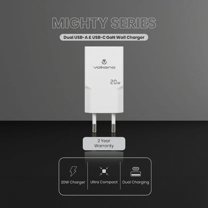 Volkano Mighty Series 20w Dual USB-A & USB-C GaN Wall Charger
