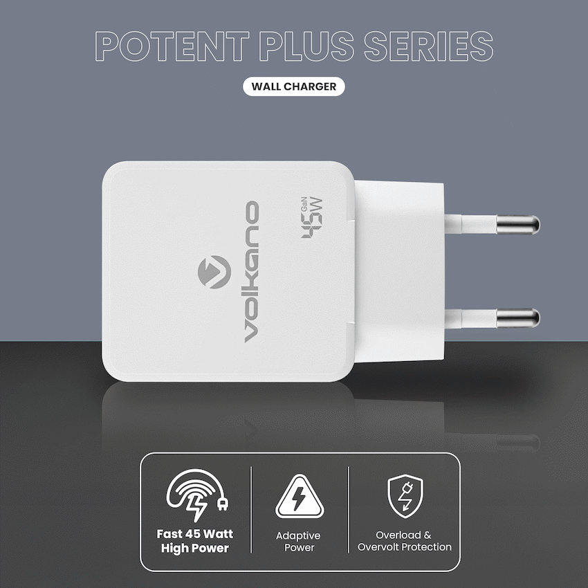 Volkano Potent Plus series 45W GaN Compact Dual USB and USB-C PD Wall Charger