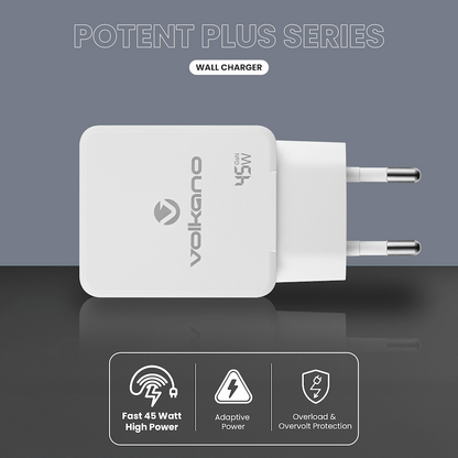 Volkano Potent Plus series 45W GaN Compact Dual USB and USB-C PD Wall Charger